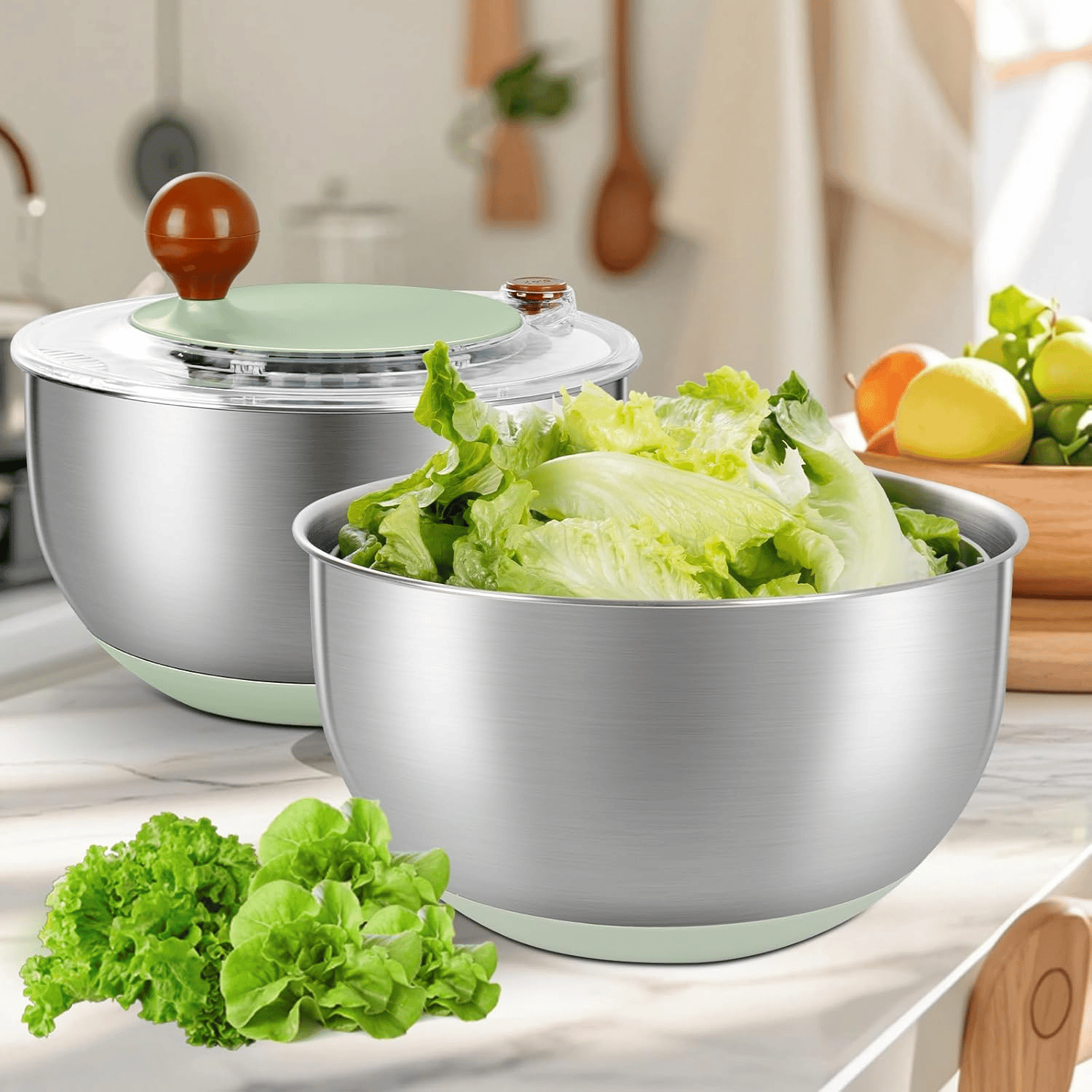 Vibrant Green Salad Spinner Stainless Steel Large,Vegetable Washer with 5.3 Qt Bowl,Salad Chopper Bowl,Nesting Bowls with Graters,Large Mixing Bowl Bowls for Kitchen With 5 Grater — view 9