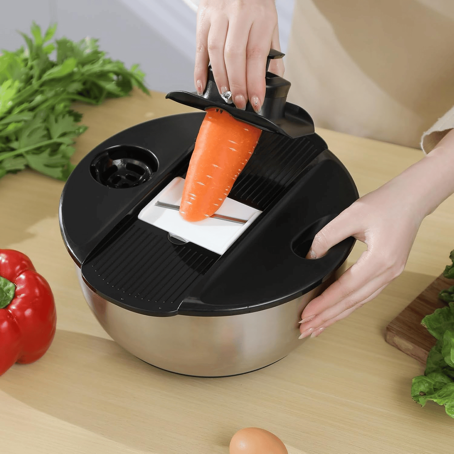 Luxury Black Salad Spinner Stainless Steel Large,Vegetable Washer with 5.3 Qt Bowl,Salad Chopper Bowl,Nesting Bowls with Graters,Large Mixing Bowl Bowls for Kitchen With 5 Grater — view 8