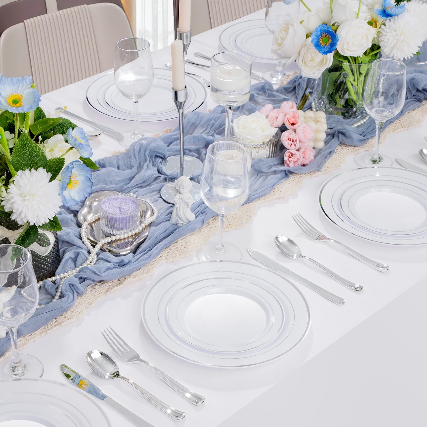 White Silver, Silver, White Silver Plastic Dinnerware Plates Set — view 5