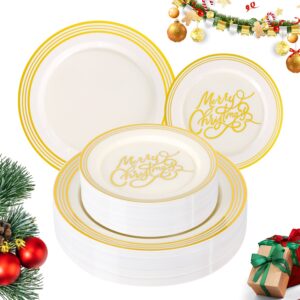 Beige Plastic Christmas Plates (60 Pieces) — view 1