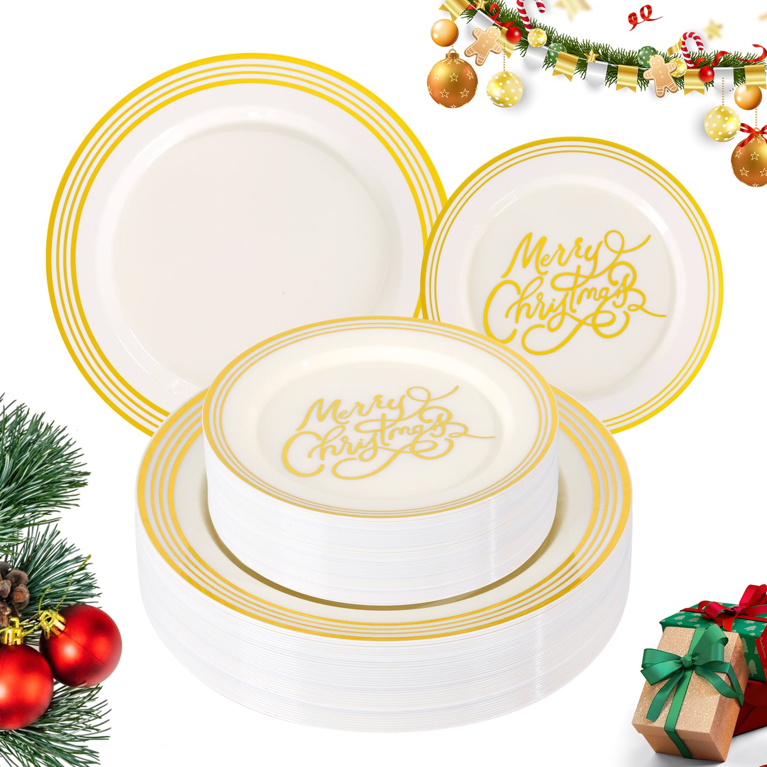 Beige Plastic Christmas Plates (60 Pieces) — view 1