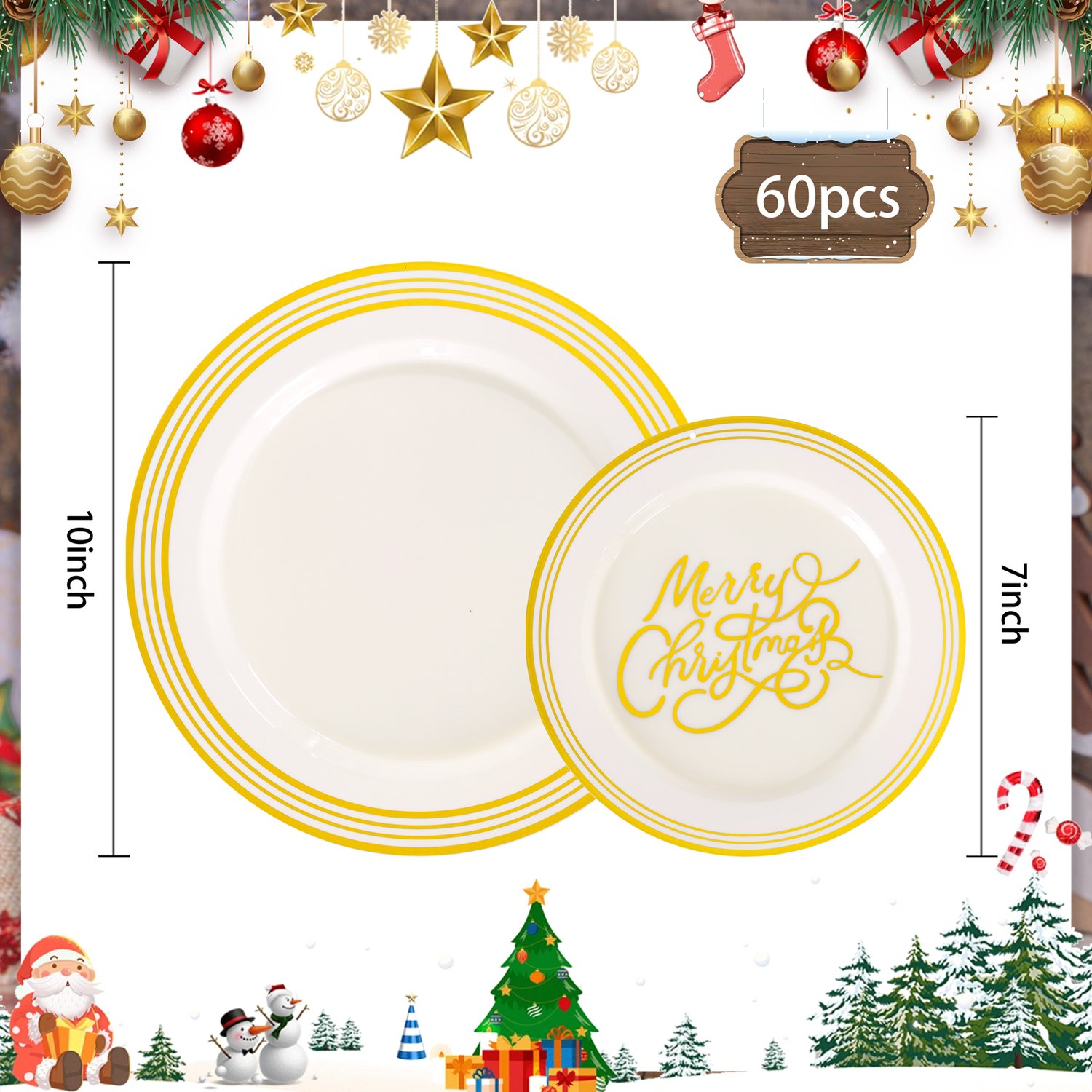 Beige Plastic Christmas Plates (60 Pieces) — view 2