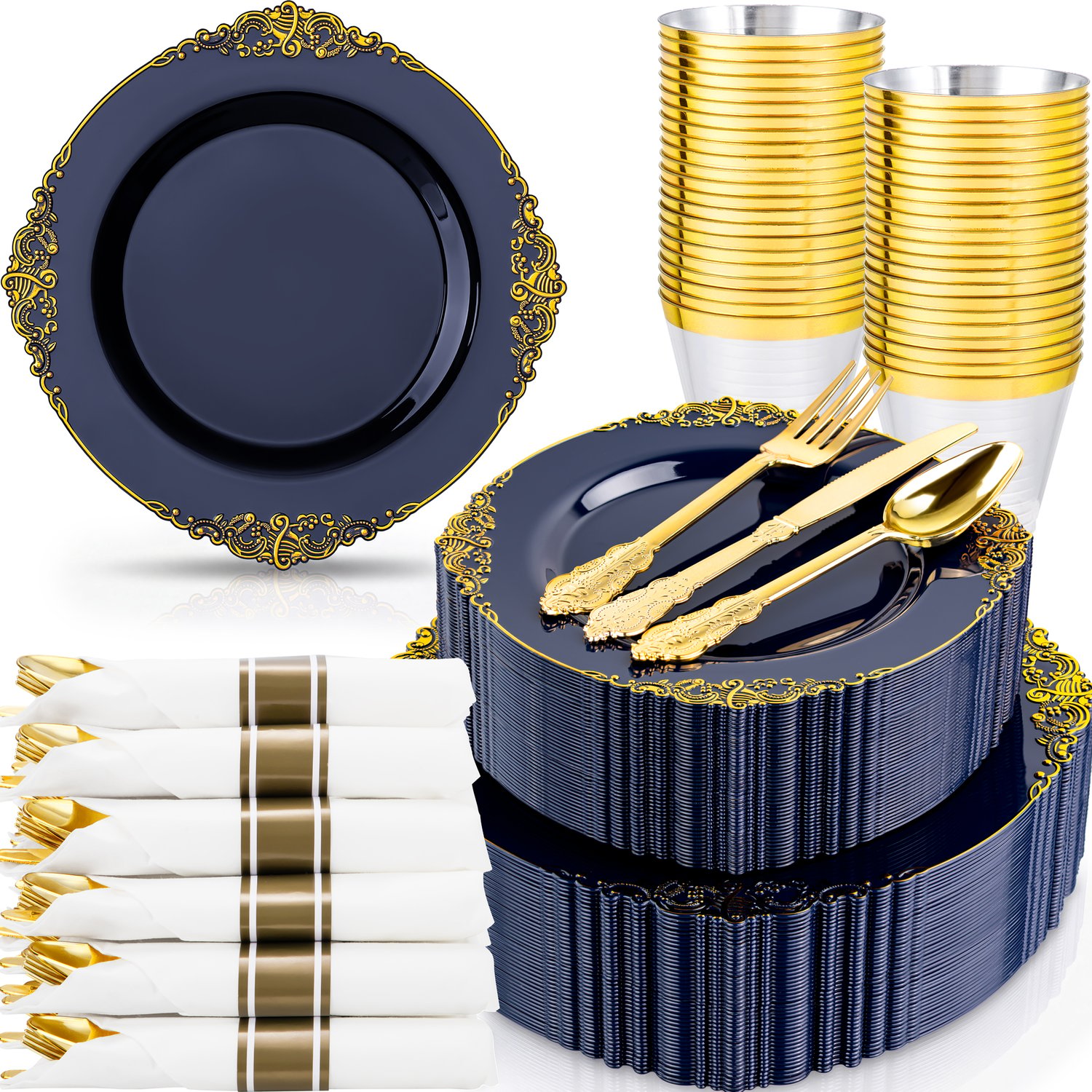 Navy Blue & Gold Dinnerware Set for 50 Guests — view 1