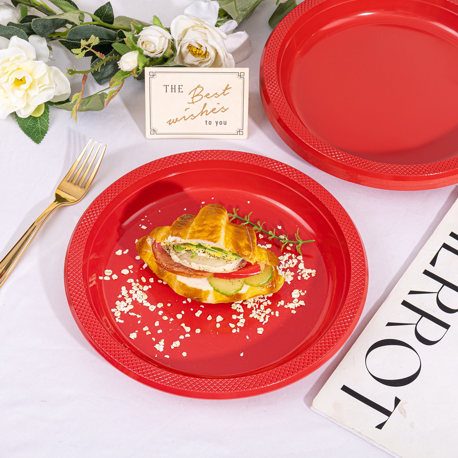 Red 10inch Disposable Dinner Plates for Party (150 Pieces) — view 5