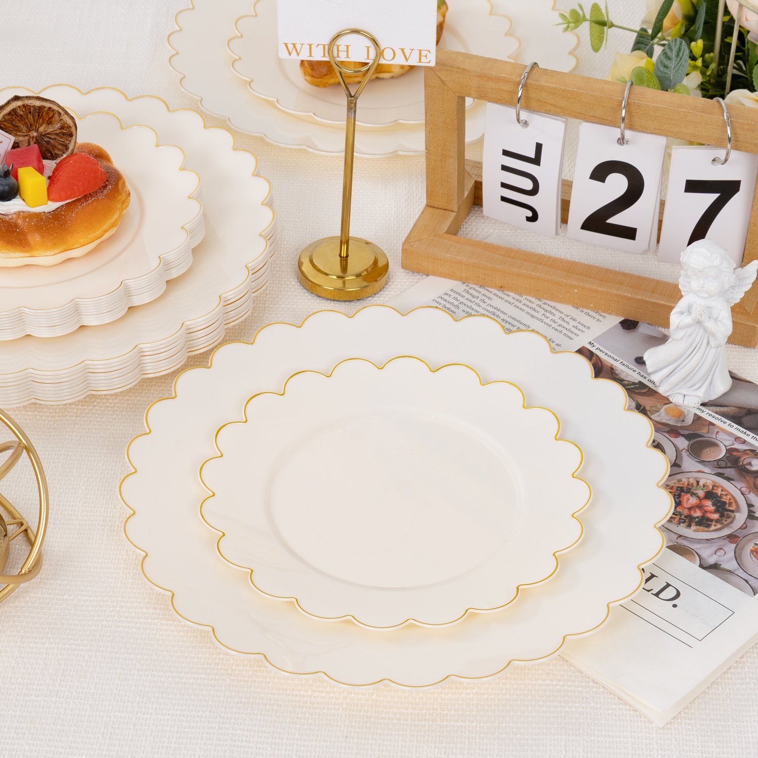 Beige And Gold Scalloped Plastic Plates (Dinner & Dessert) — view 3
