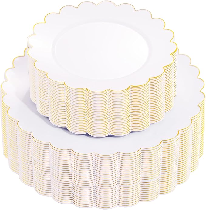 White And Gold Scalloped Plastic Plates (Dinner & Dessert) — view 1