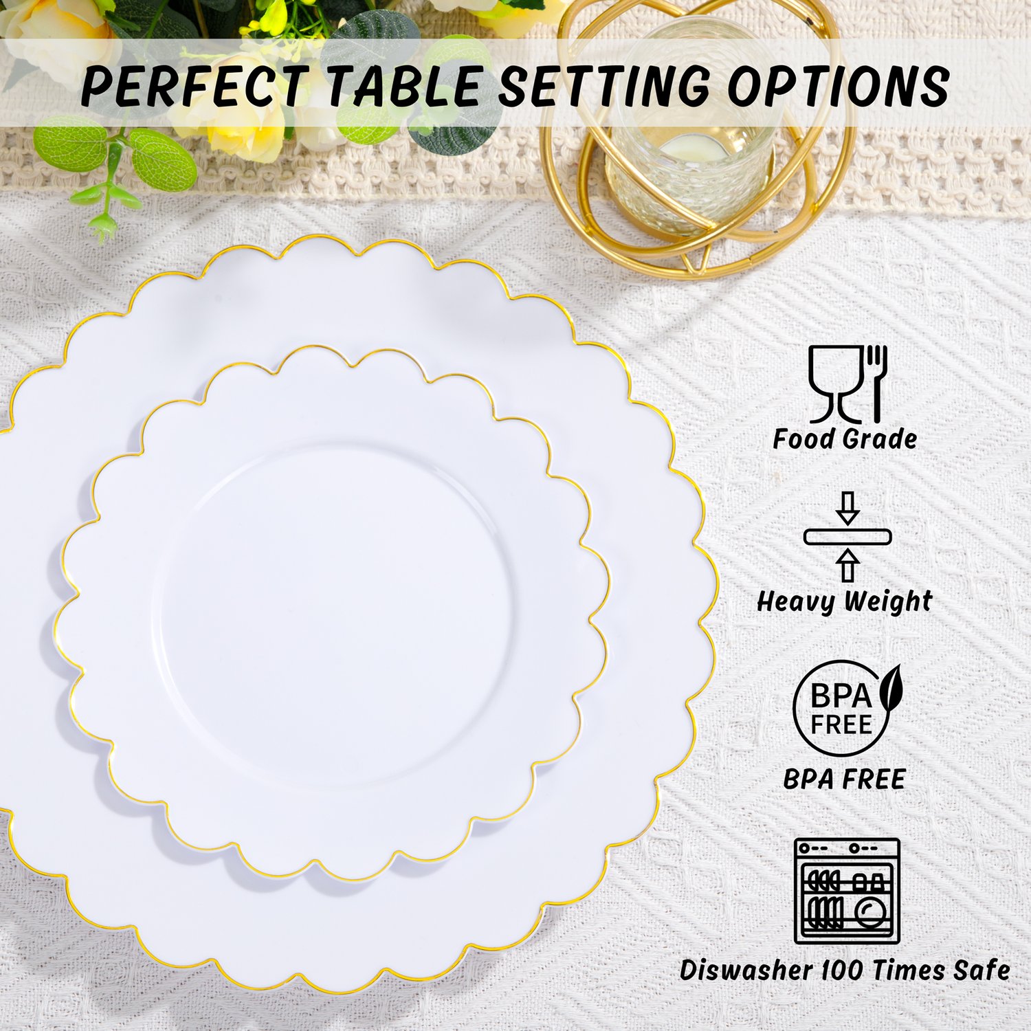 White And Gold Scalloped Plastic Plates (Dinner & Dessert) — view 3