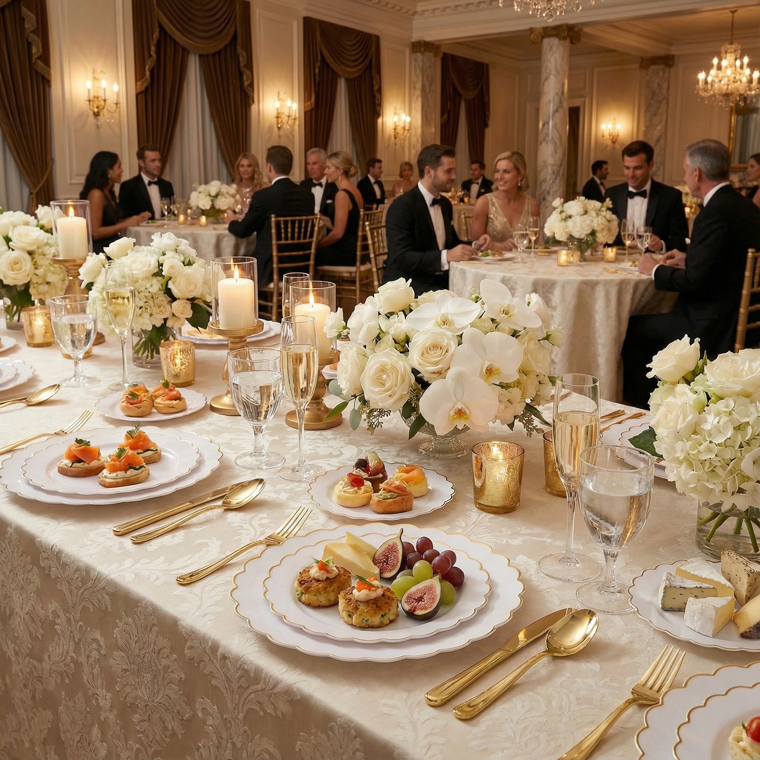White And Gold Scalloped Plastic Plates (Dinner & Dessert) — view 5
