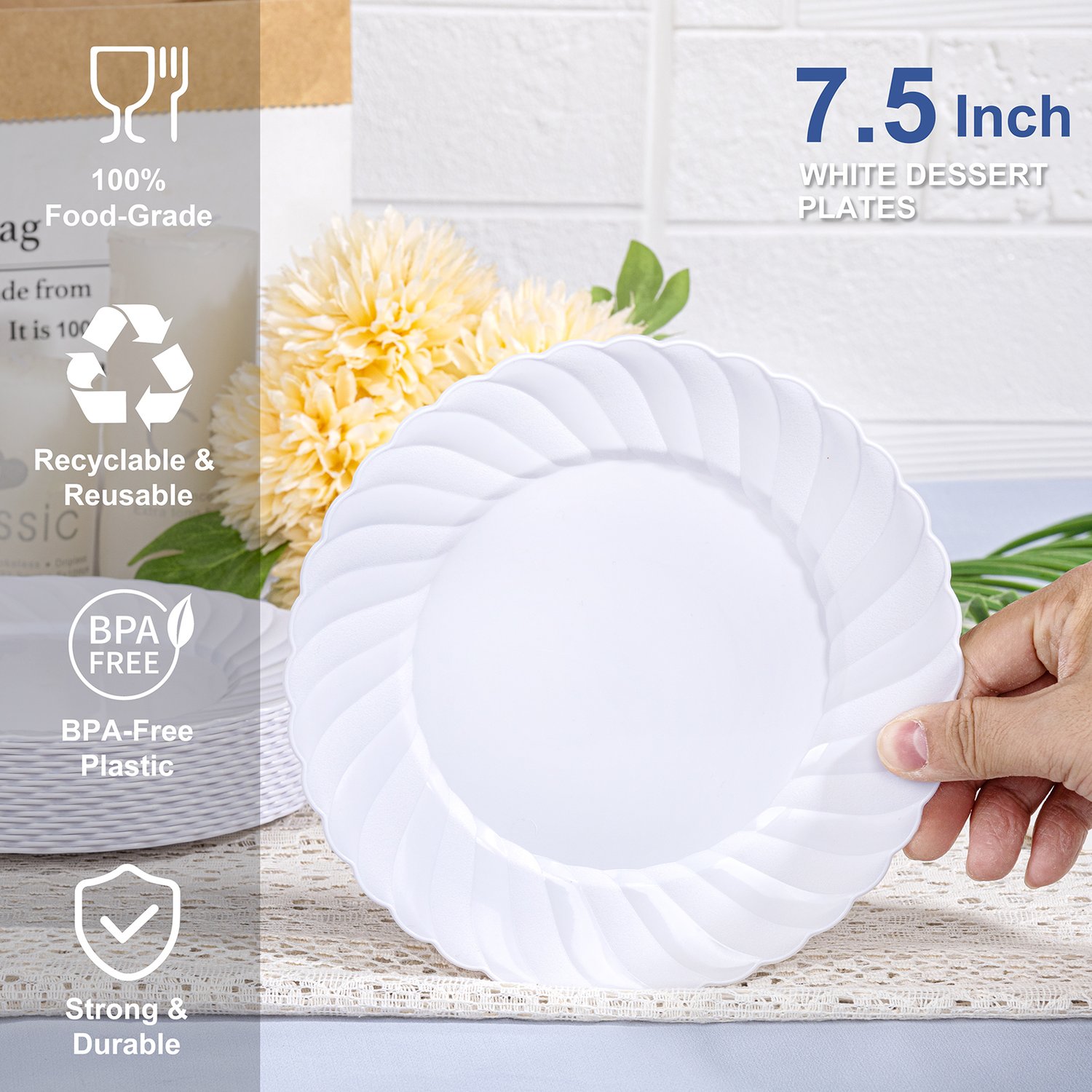 White Scalloped Plastic Plates Disposable — view 3