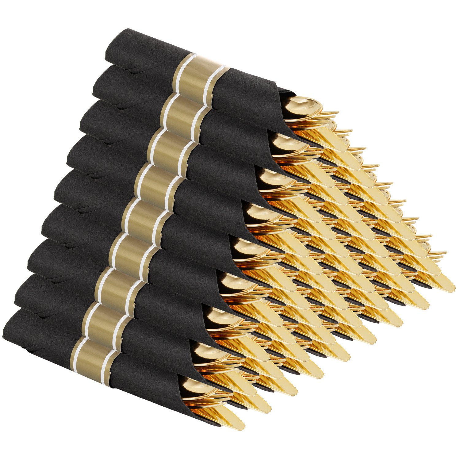Gold Pre-Rolled Silverware with Black Napkins (30 Pieces) — view 1