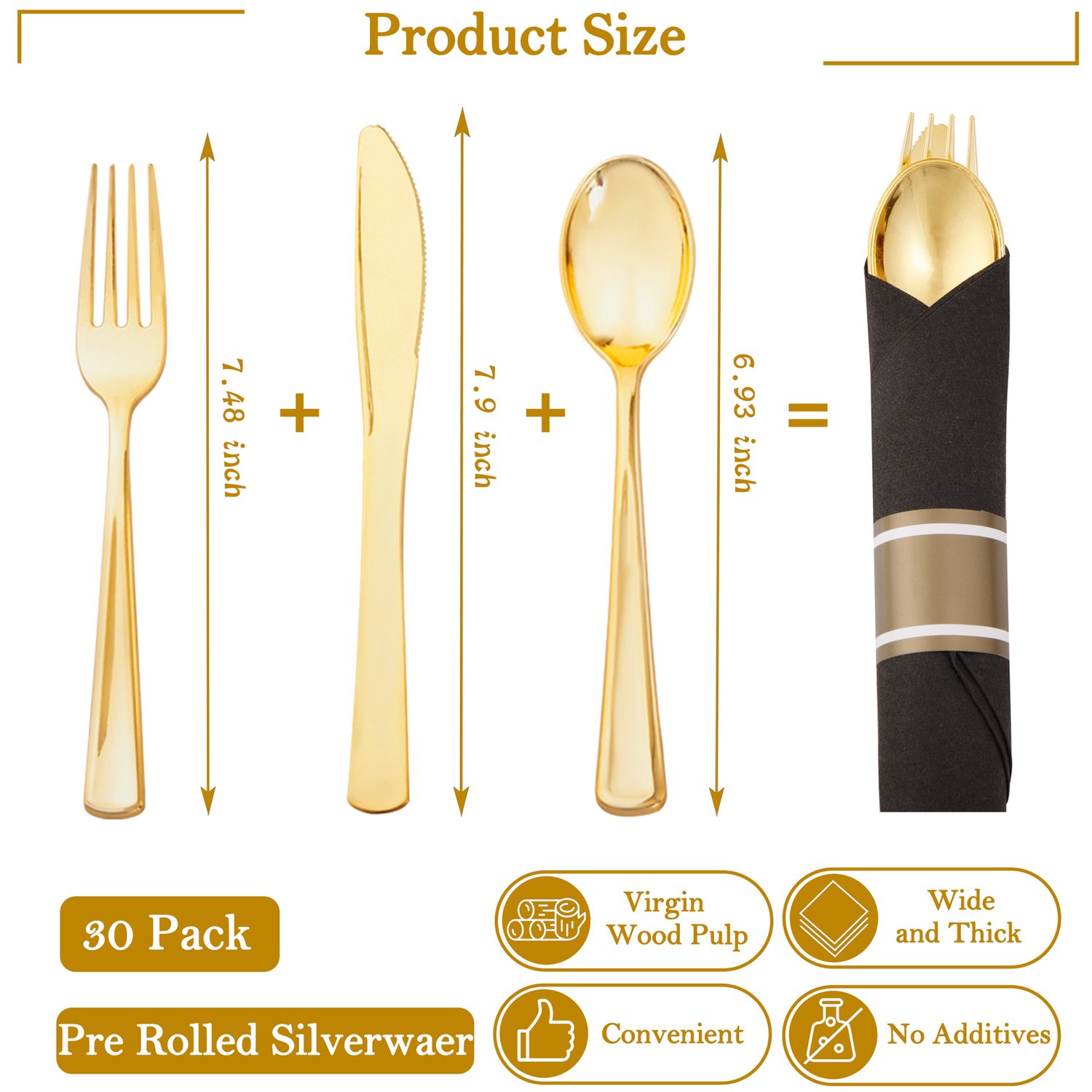 Gold Pre-Rolled Silverware with Black Napkins (30 Pieces) — view 2