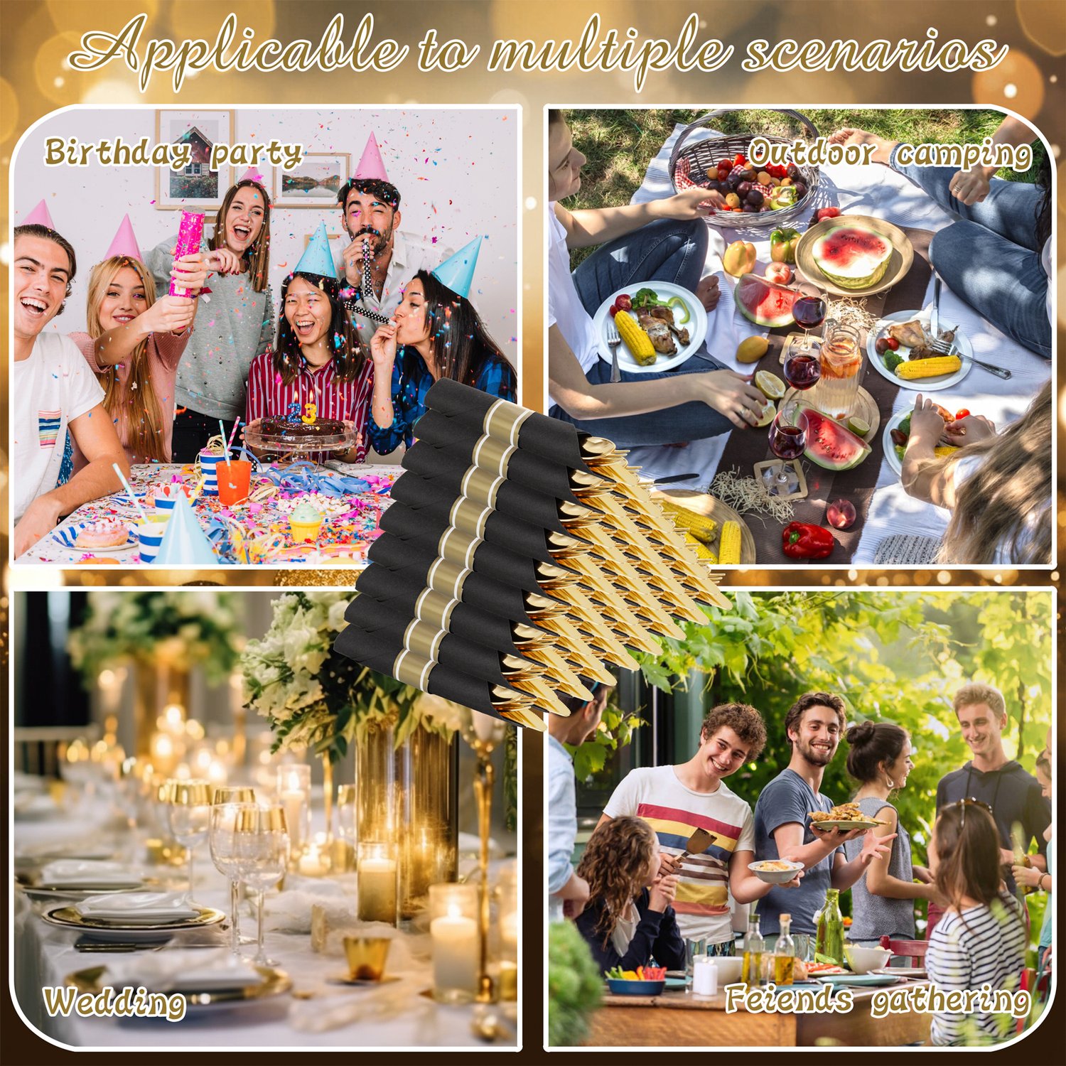 Gold Pre-Rolled Silverware with Black Napkins (30 Pieces) — view 5