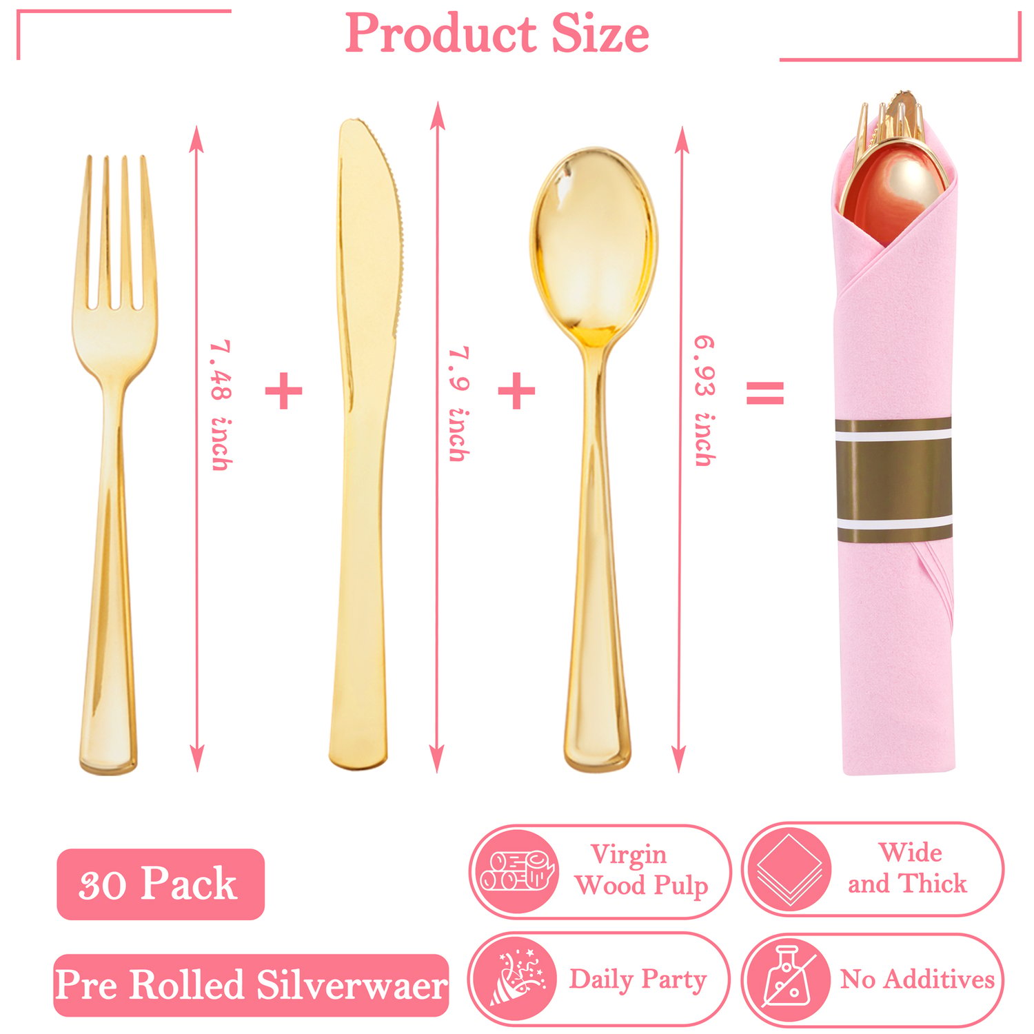 Pink Pre-Rolled Cutlery with Napkins (30 Pieces) — view 2