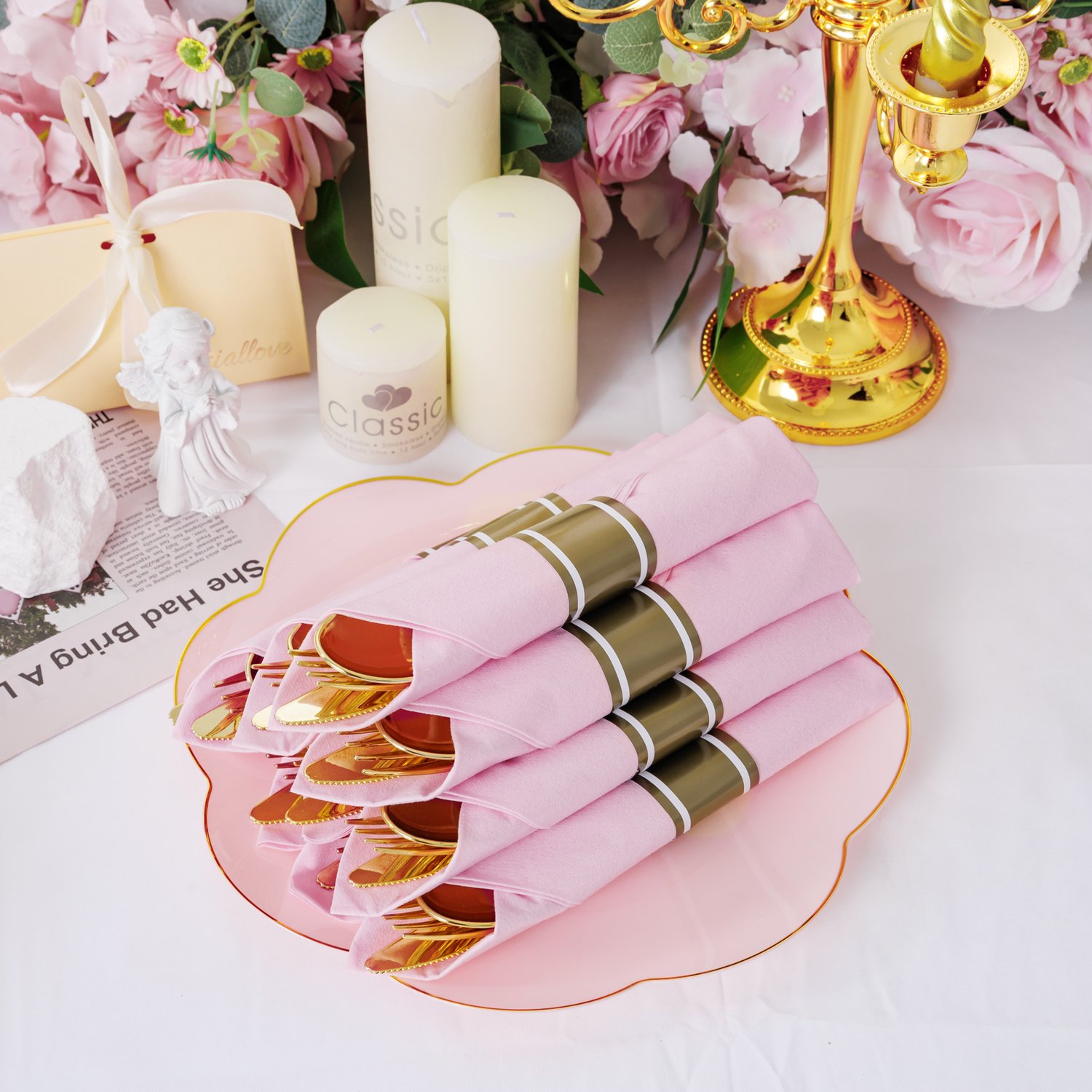 Pink Pre-Rolled Cutlery with Napkins (30 Pieces) — view 5
