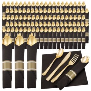 Black And Gold Pre-Rolled Cutlery with Napkins (120 Pieces) — view 1