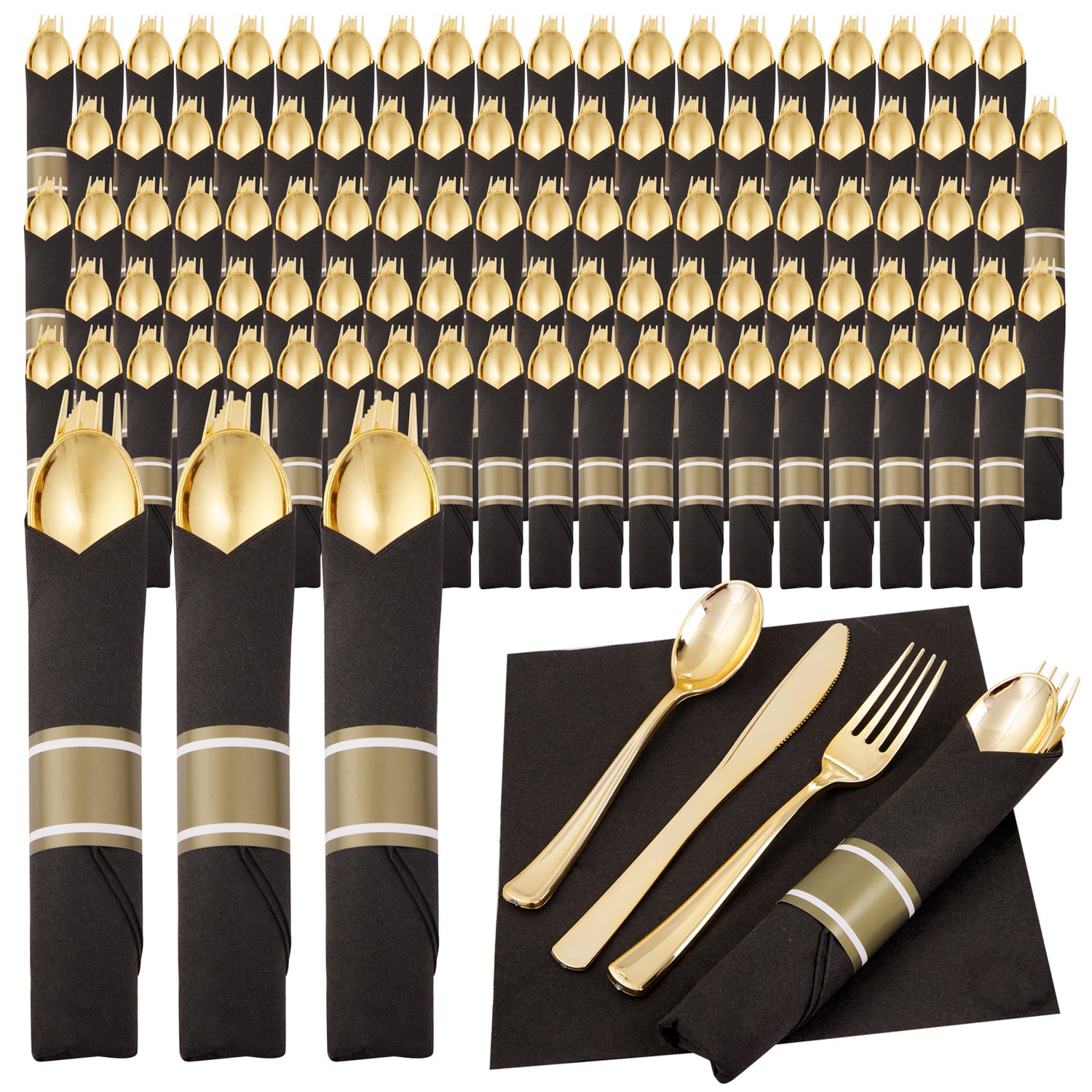 Black And Gold Pre-Rolled Cutlery with Napkins (120 Pieces) — view 1