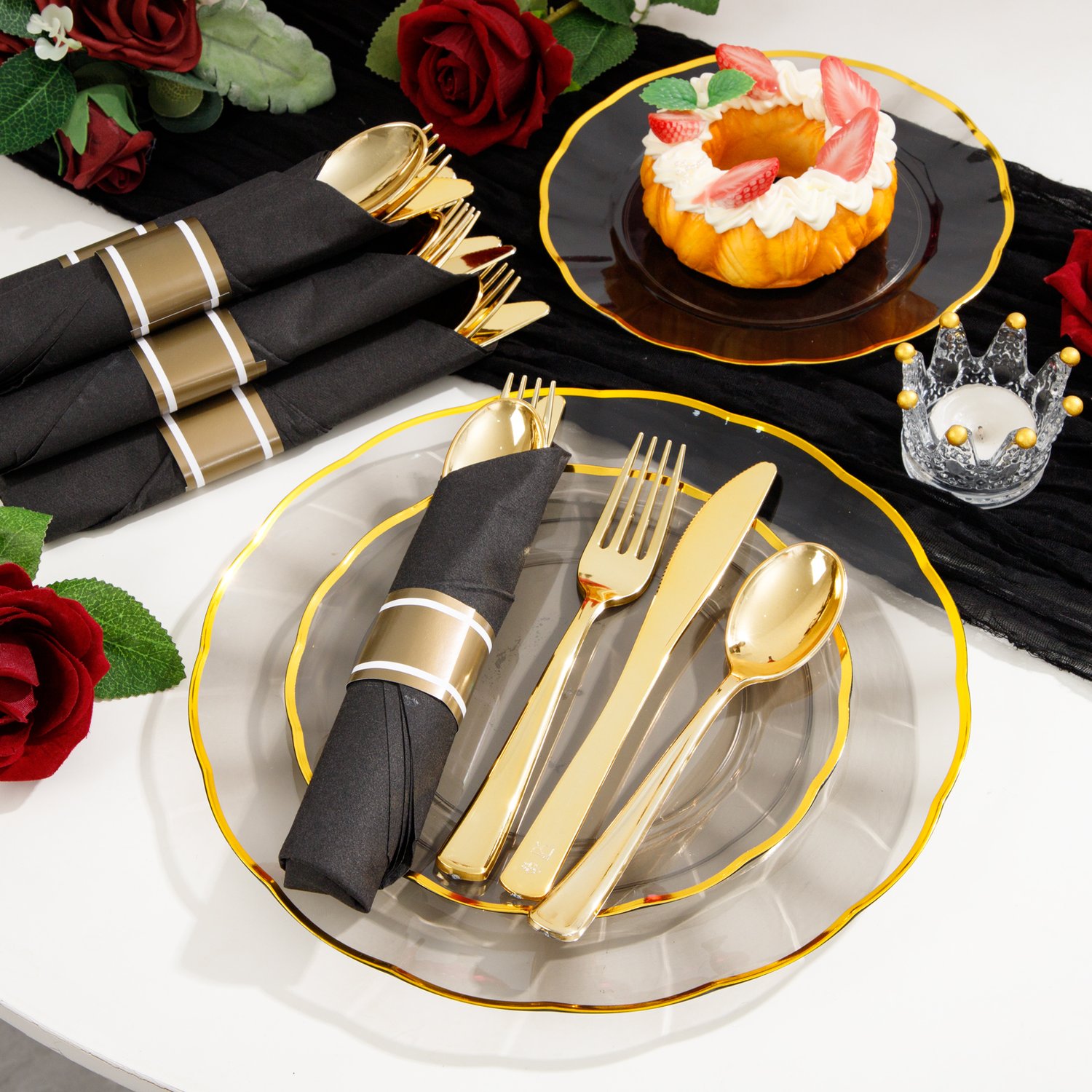 Black And Gold Pre-Rolled Cutlery with Napkins (120 Pieces) — view 3