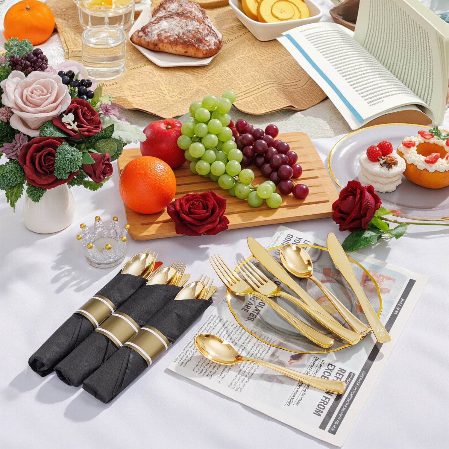 Black And Gold Pre-Rolled Cutlery with Napkins (120 Pieces) — view 4