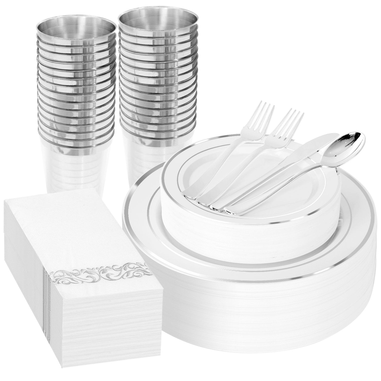 White And Silver, Silver, White Silver Plastic Dinnerware Set for Party — view 1