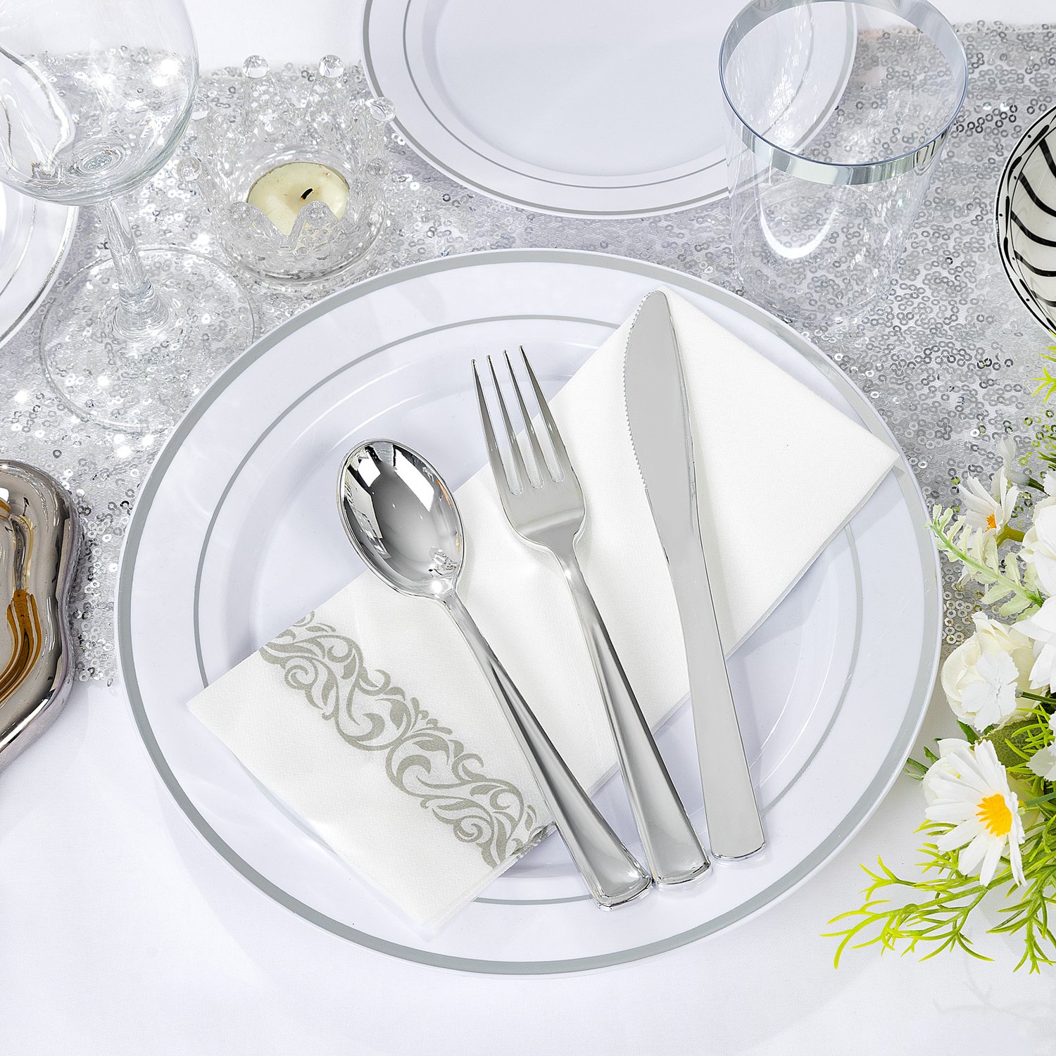 Silver Plastic Dinnerware Set Heavy Duty Disposable Plates — view 3