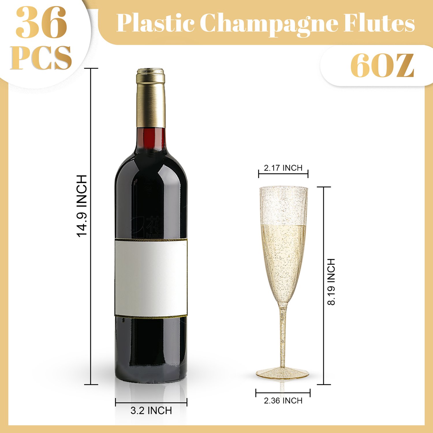 Gold Glitter 6OZ Disposable Champagne Flutes Plastic (36 Pieces) — view 8