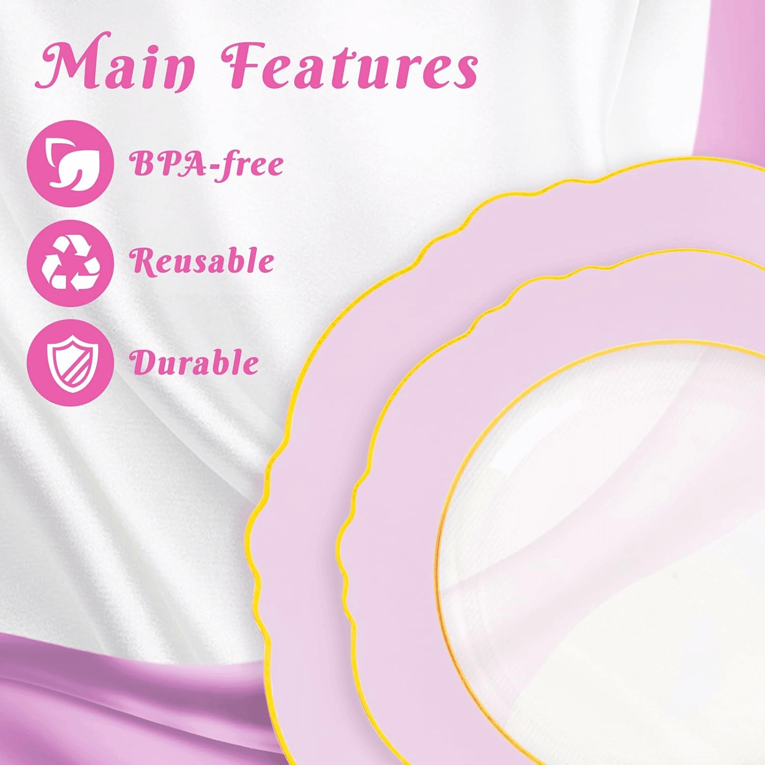 Clear Pink With Gold Rim Baroque Plastic Plates (60 Pieces) — view 8