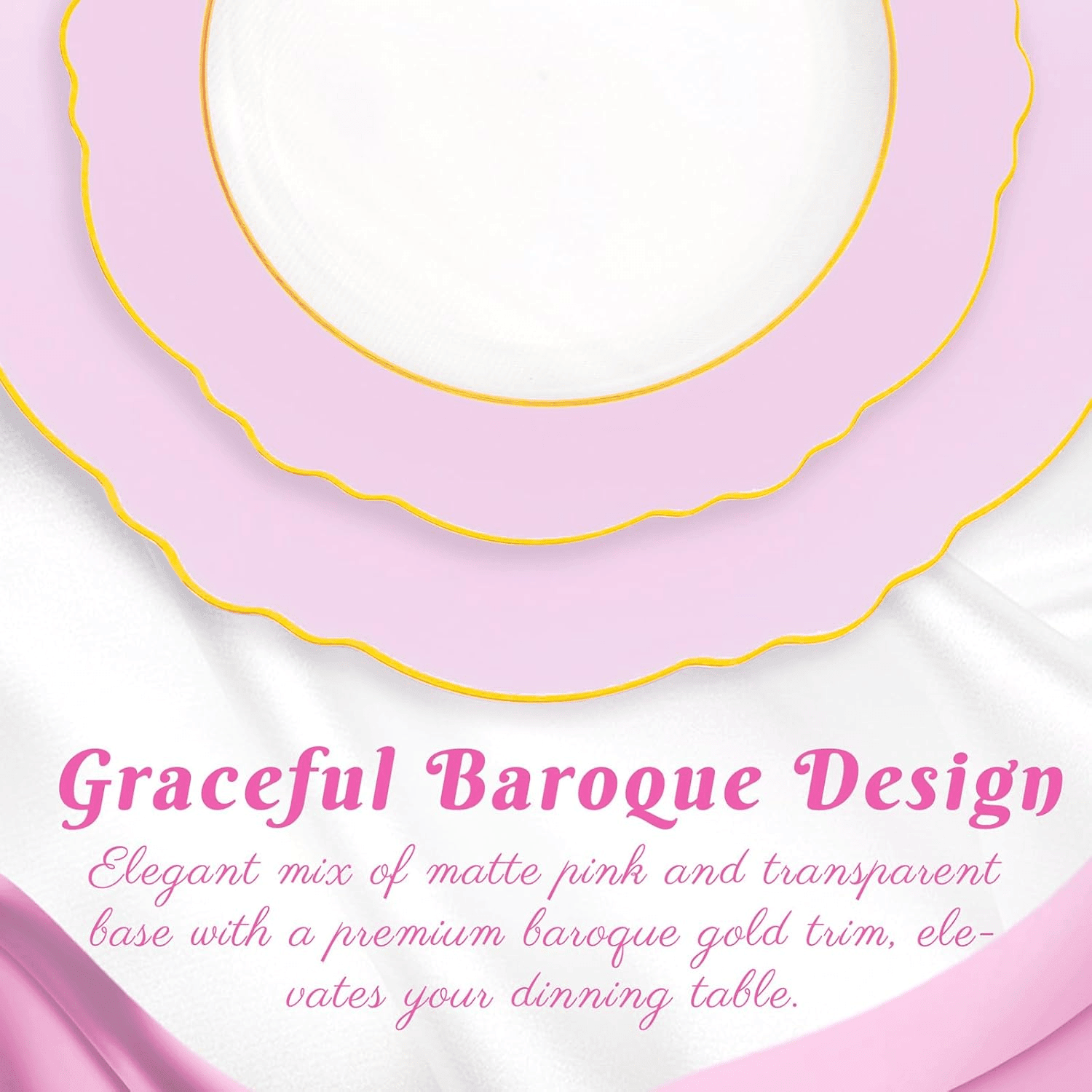 Clear Pink With Gold Rim Baroque Plastic Plates (60 Pieces) — view 9