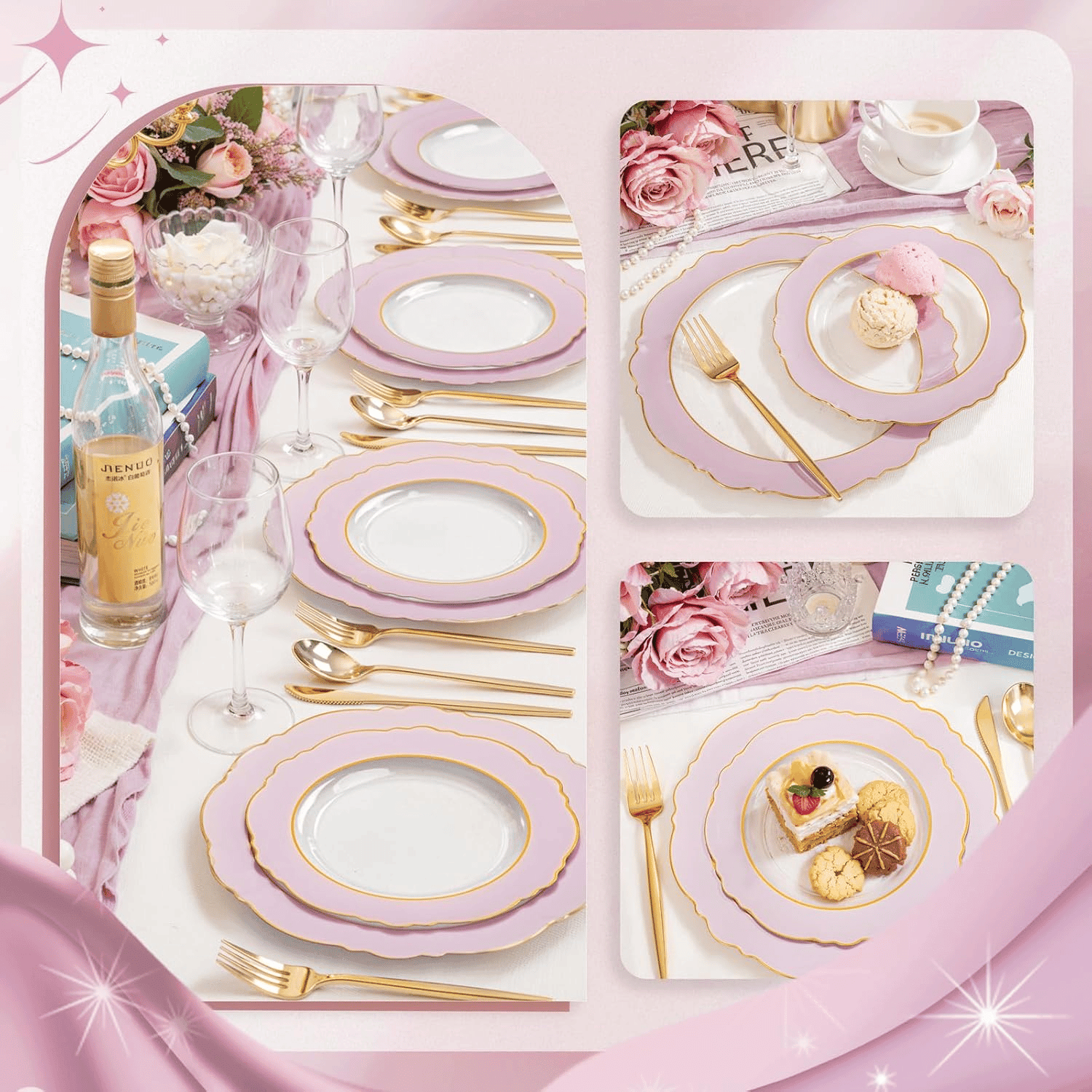 Clear Pink With Gold Rim Baroque Plastic Plates (60 Pieces) — view 10