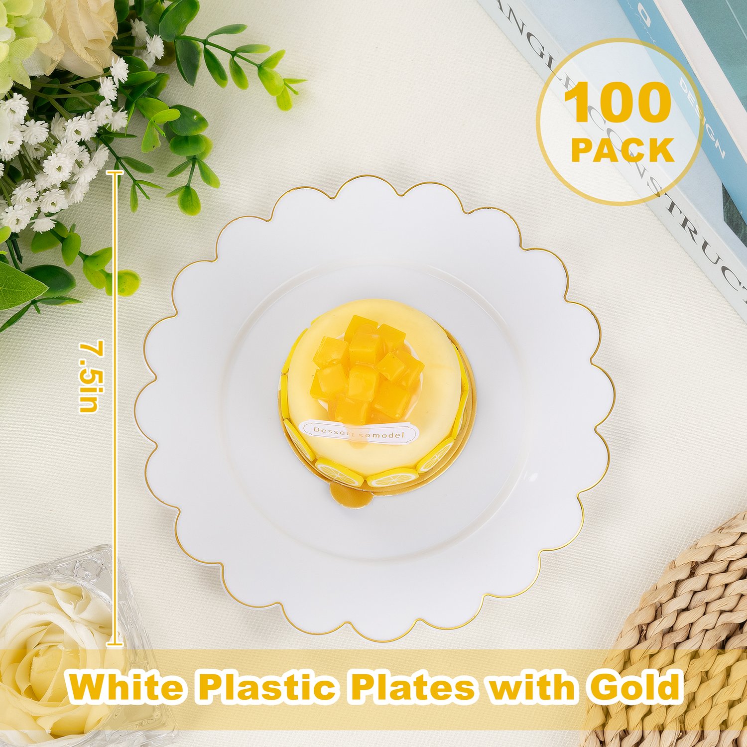 White, Gold 7.5'' White Dessert Party Plates with Rim (100 Pieces) — view 2
