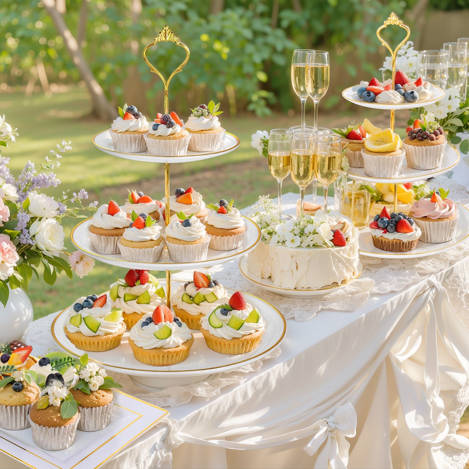 White three-tier dessert stands with gold handles, filled with cupcakes on an outdoor party table