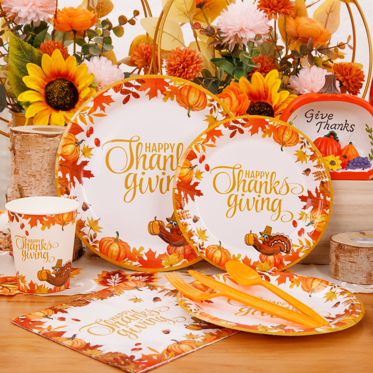 Deep Yellow Thanksgiving Paper Plates and Napkins Sets — view 4