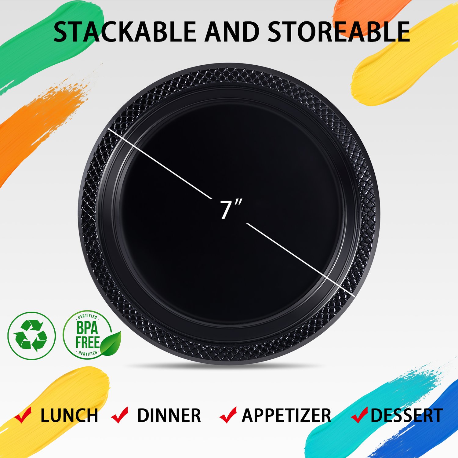 Black 7inch Disposable Dinner Plates for Party (150 Pieces) — view 2