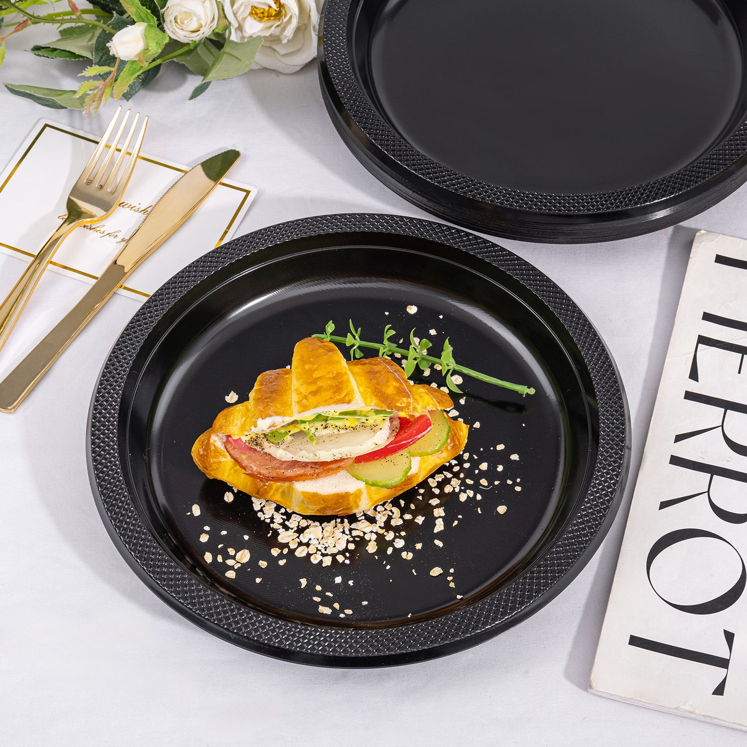 Black 7inch Disposable Dinner Plates for Party (150 Pieces) — view 5
