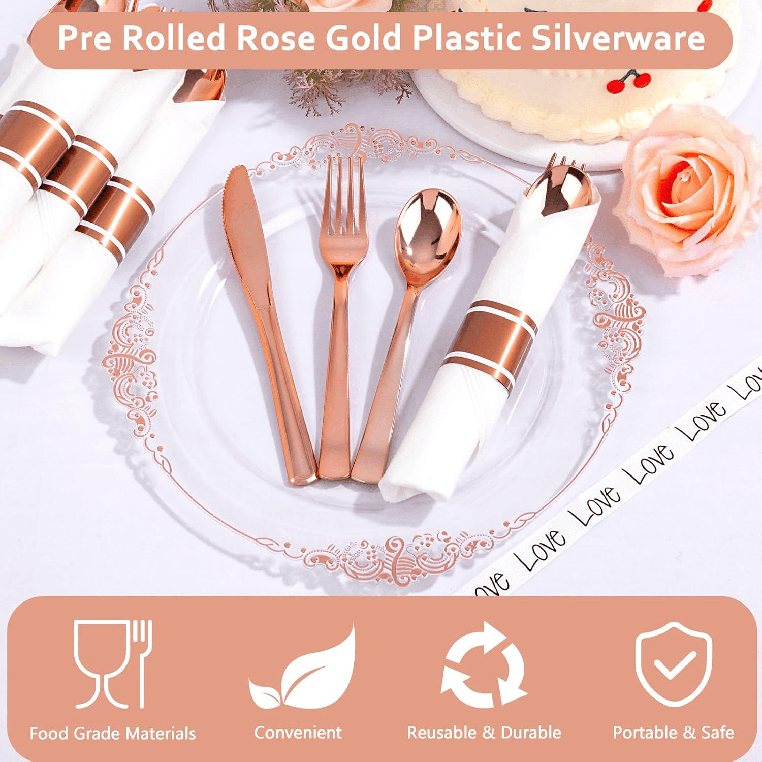 Rose Gold Classic Pre Rolled Plastic Silverware Sets — view 8