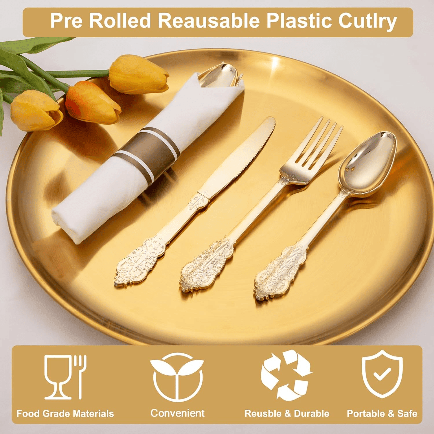 Gold Fancy Pre Rolled Plastic Silverware Sets — view 8