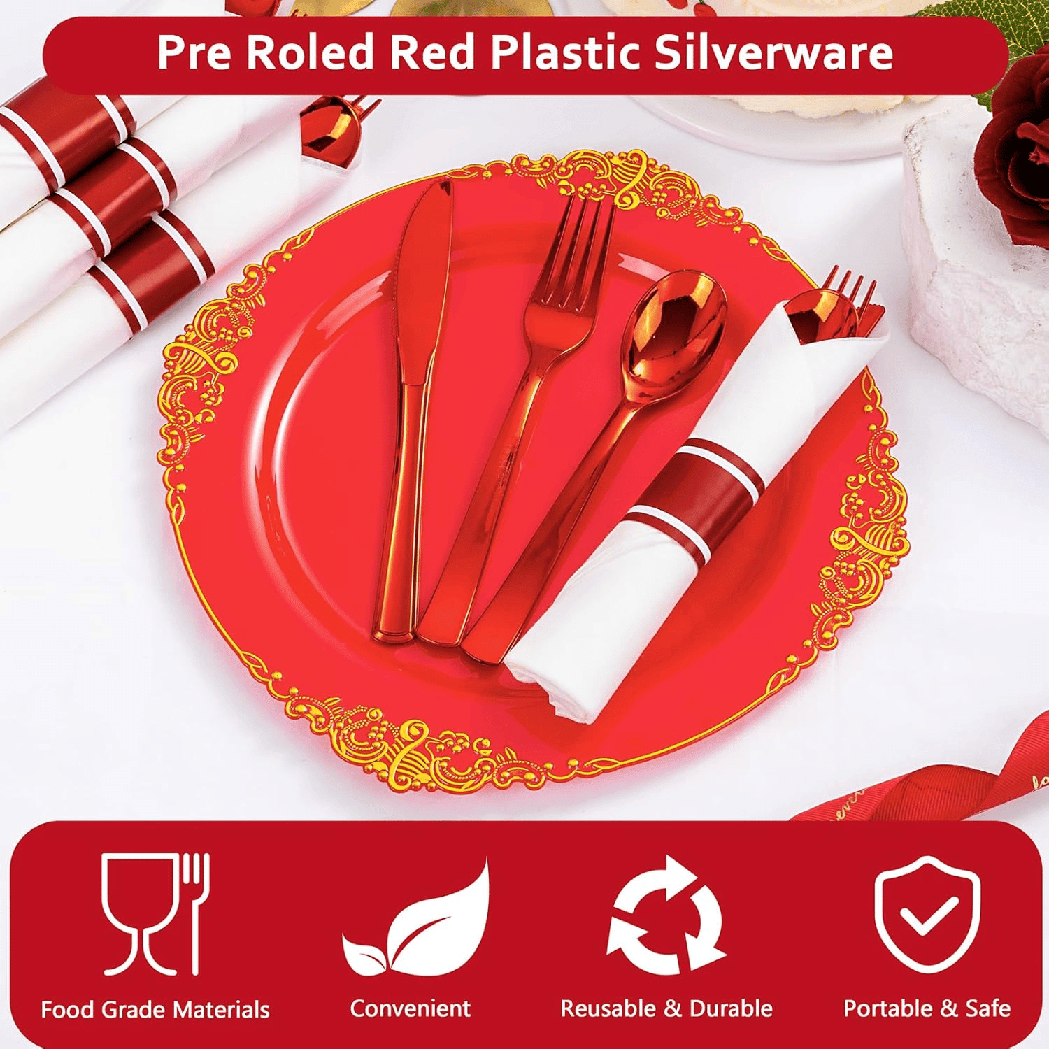 Red Classic Pre Rolled Plastic Silverware Sets — view 10