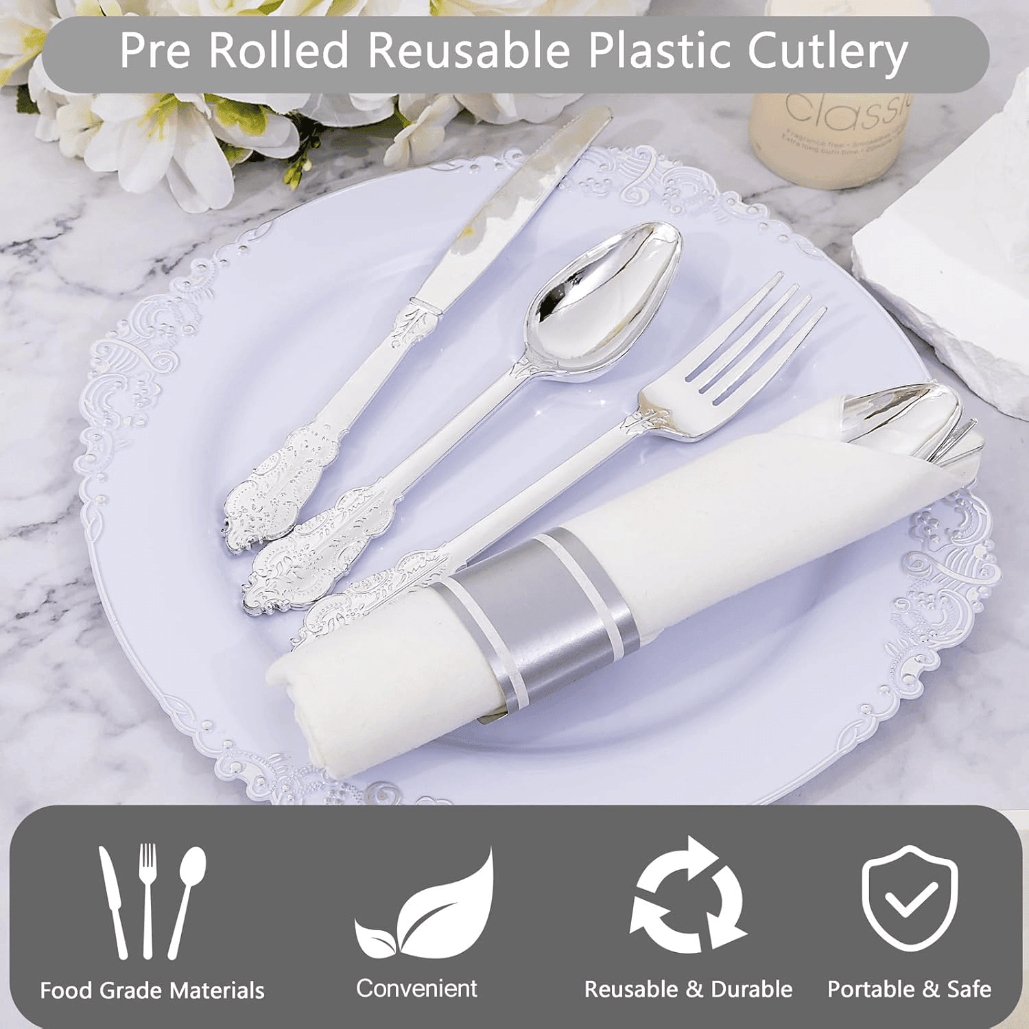 Silver Fancy Pre Rolled Plastic Silverware Sets — view 8
