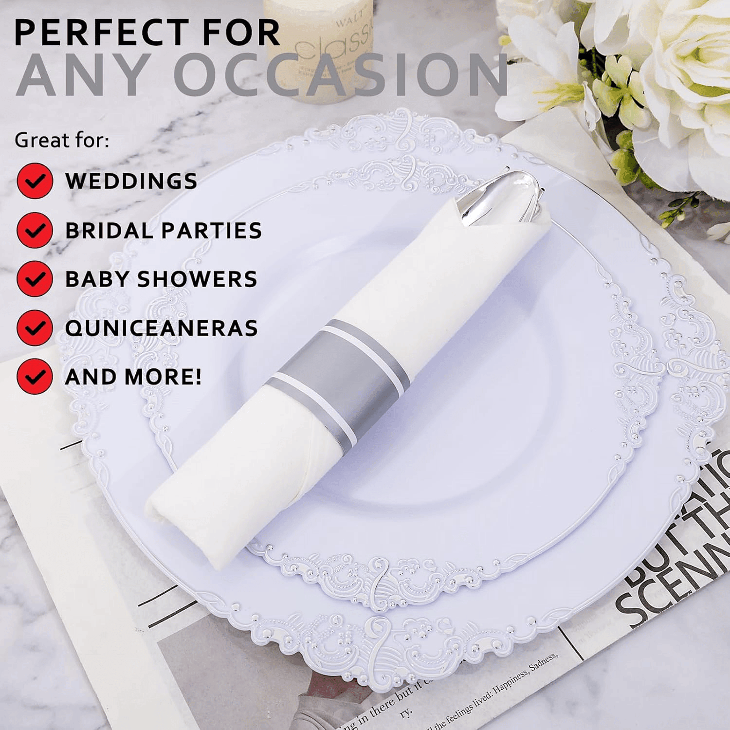 Silver Fancy Pre Rolled Plastic Silverware Sets — view 9