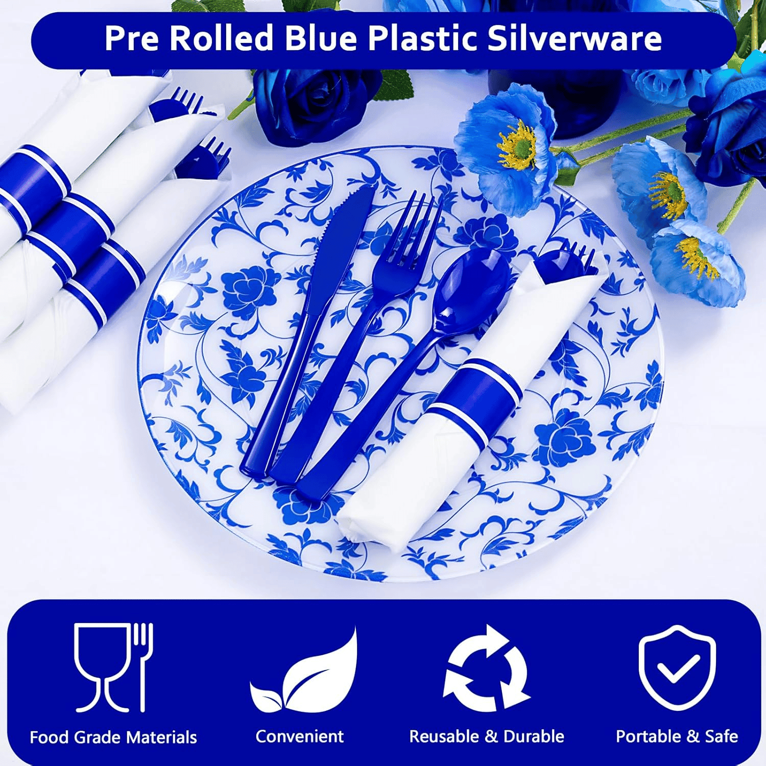 Blue Classic Pre Rolled Plastic Silverware Sets — view 10