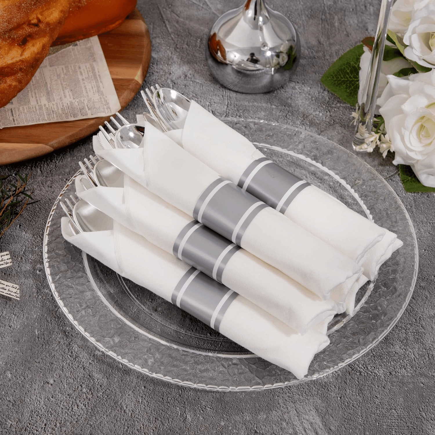 Silver Hammered Pre Rolled Plastic Silverware Sets — view 8