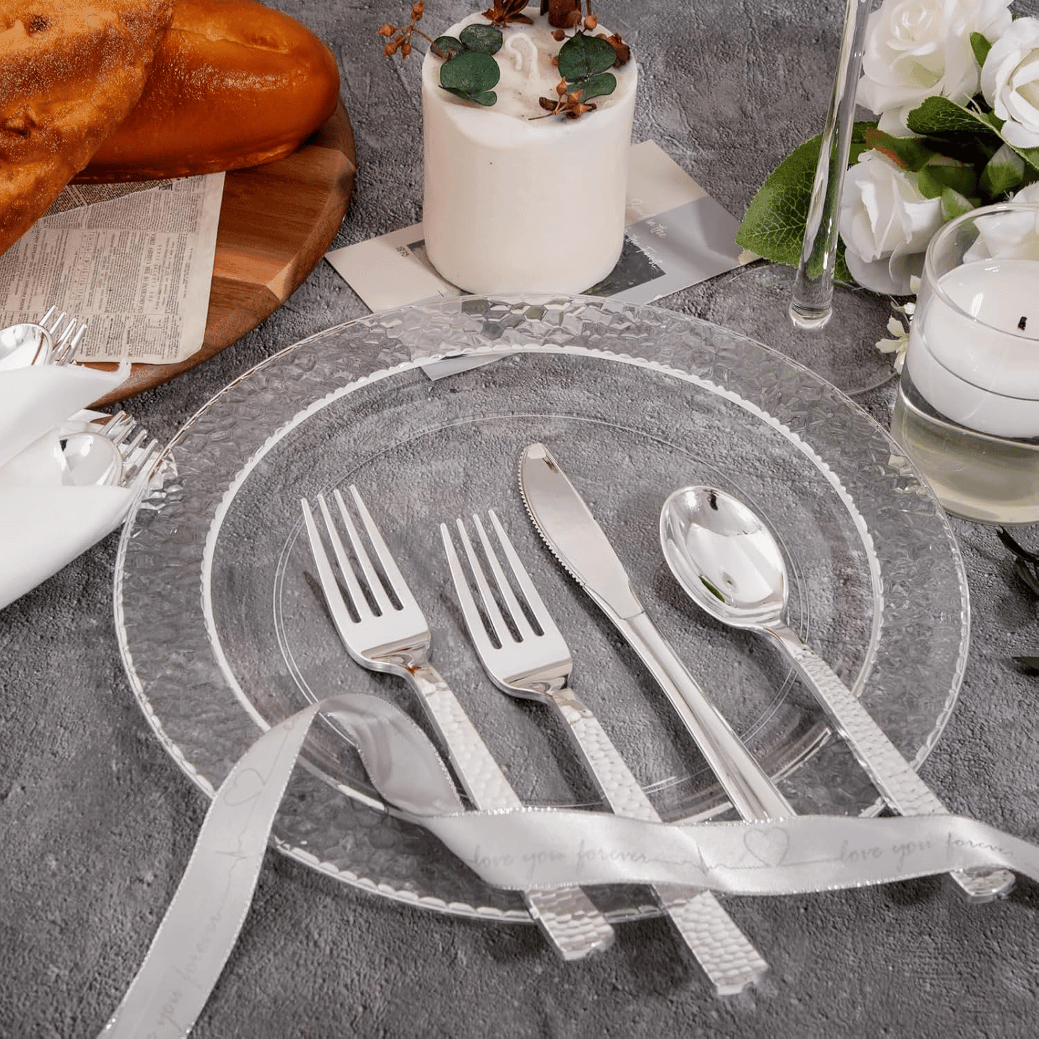 Silver Hammered Pre Rolled Plastic Silverware Sets — view 9