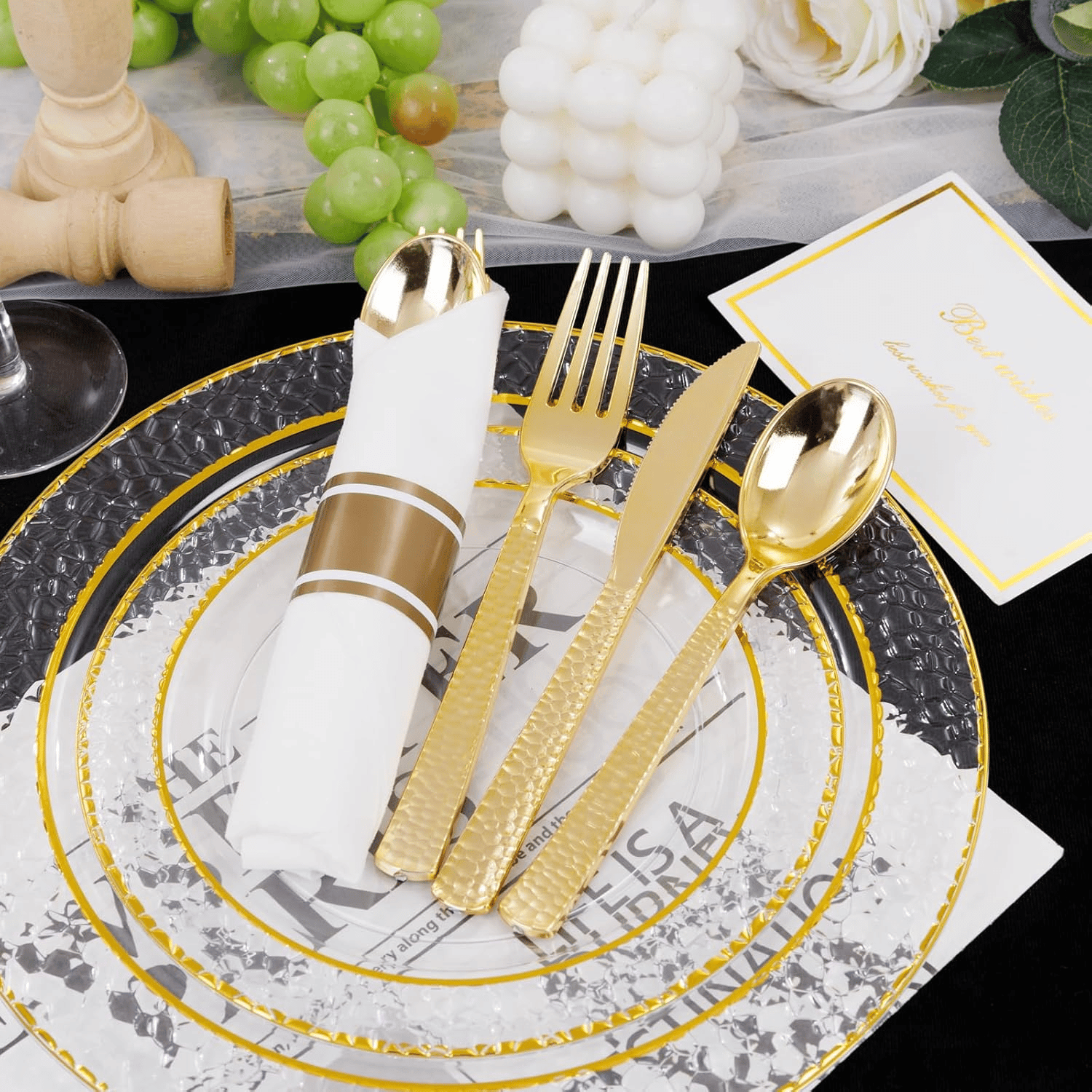 Gold Hammered Pre Rolled Plastic Silverware Sets — view 9
