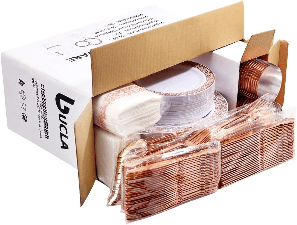 Rose Gold Lace Design Deluxe Disposable Dinnerware Set with Napkins — view 8