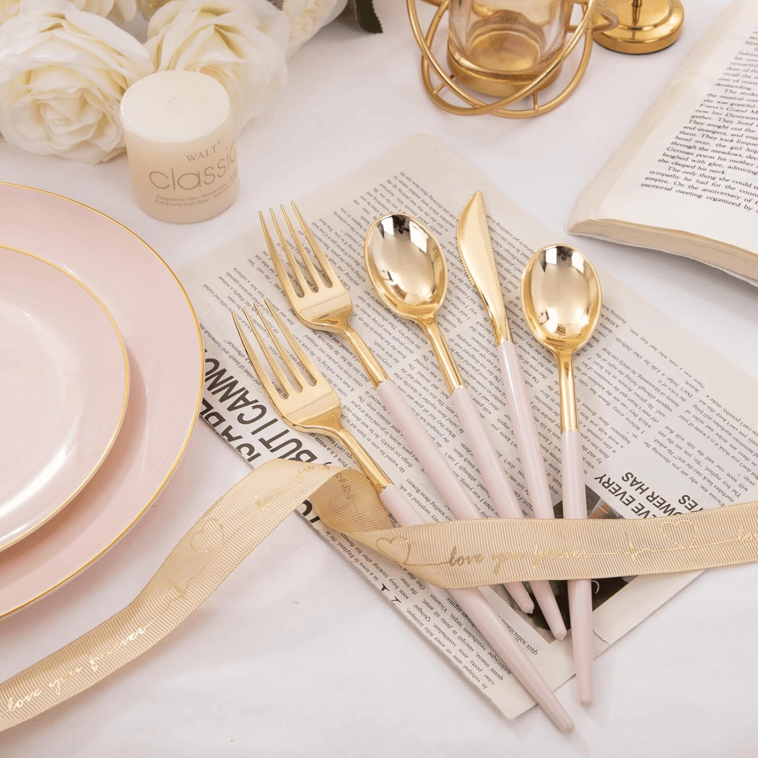 Gold Cutlery Set with Pink Handles — view 8