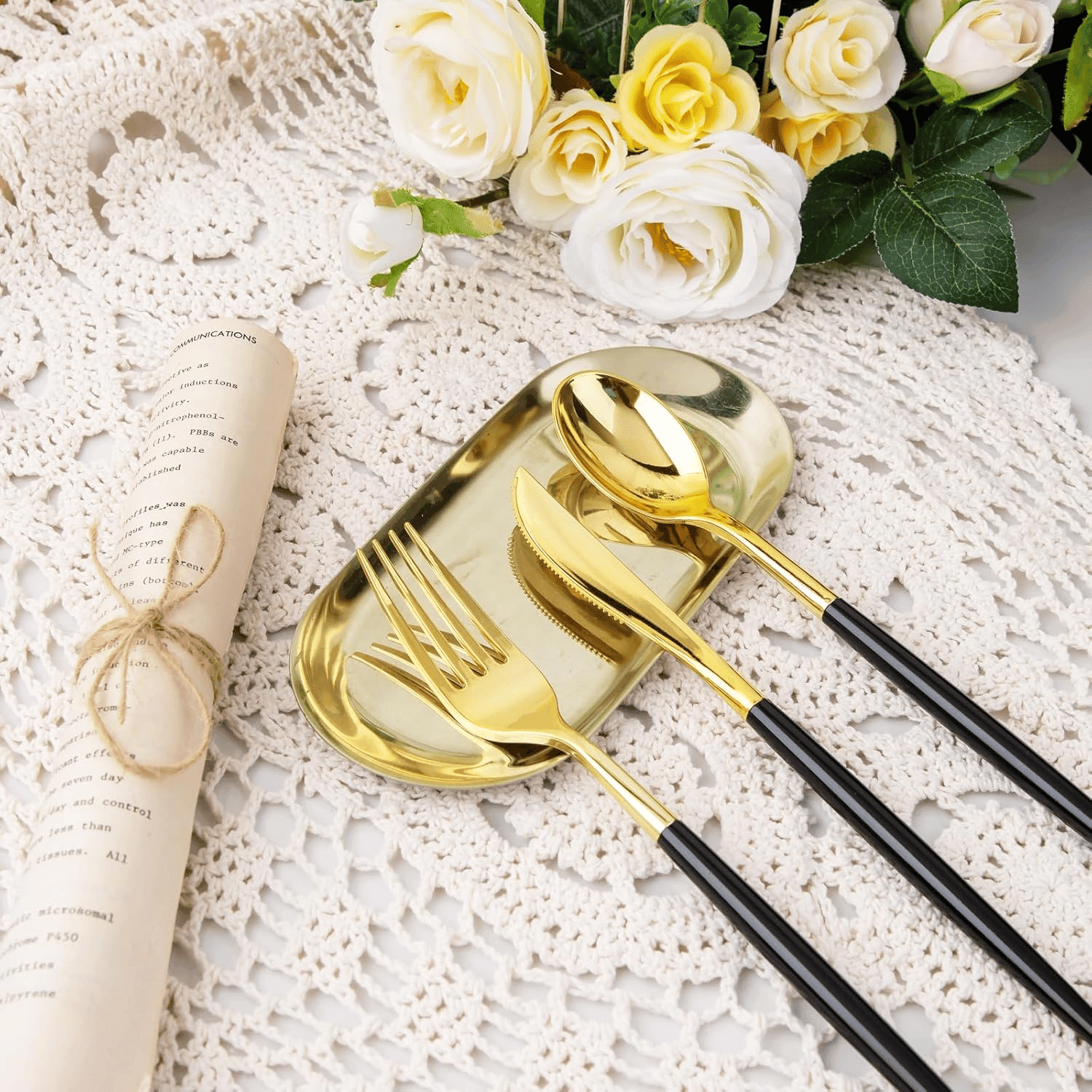 Gold Cutlery Set with Black Handles — view 8