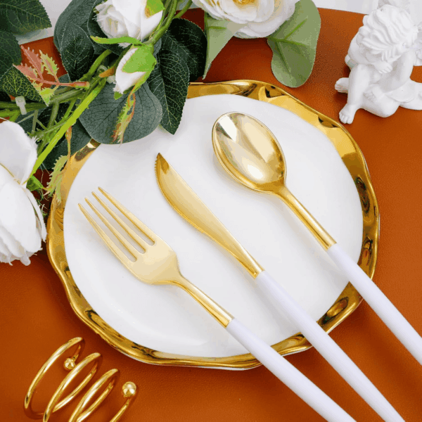 Gold Cutlery Set with White Handles — view 8