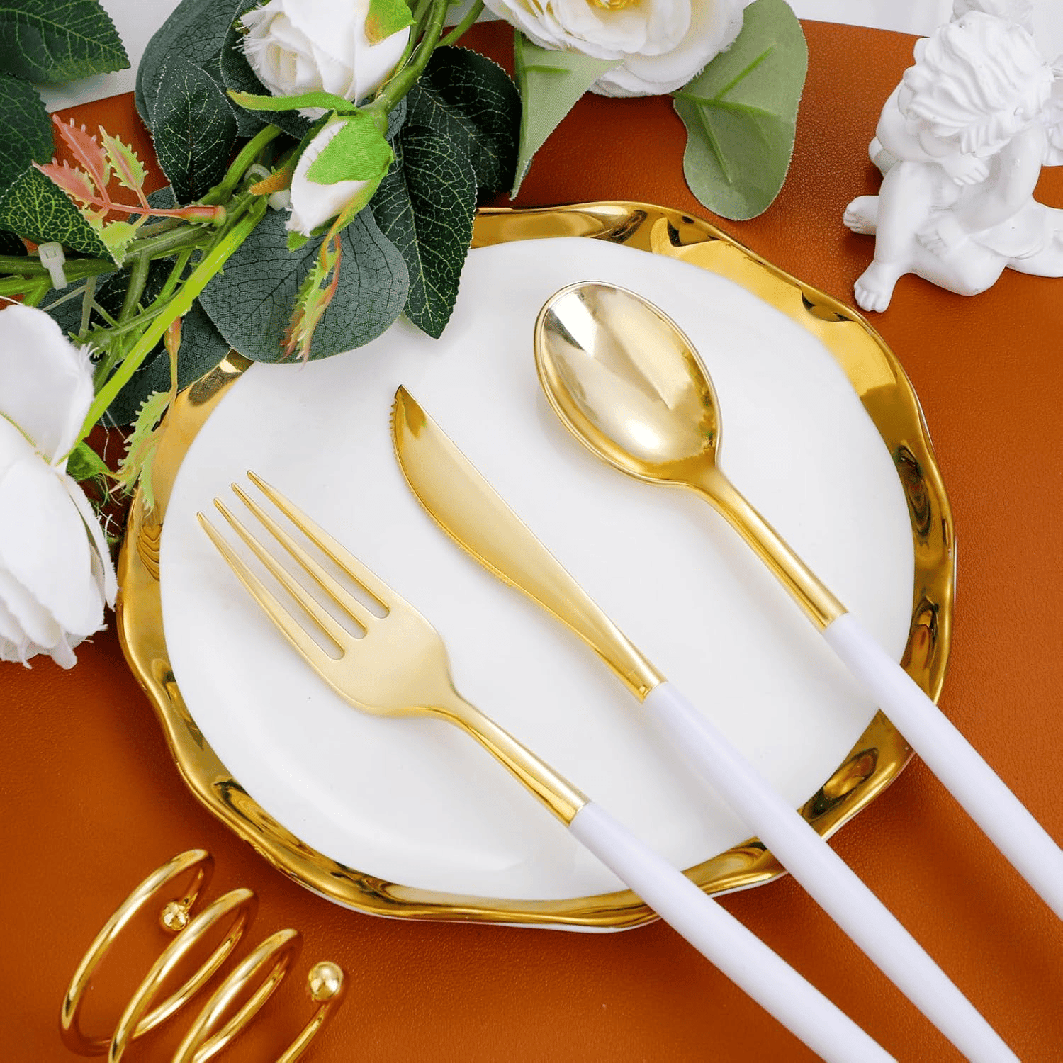 Gold Cutlery Set with White Handles — view 8