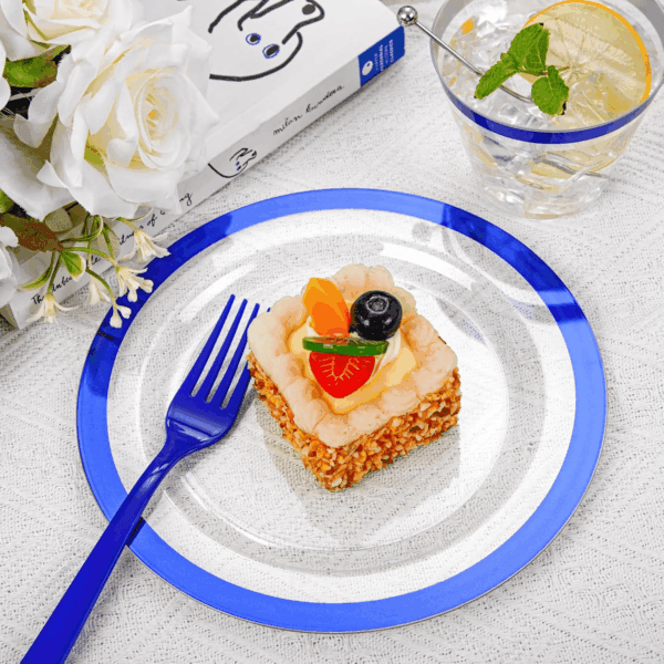 Clear Blue Dark Plastic Plates, Disposable Plates for , Dinnerware Include 50 Dinner Plates 50 Dessert Plates, 50 Cups, 50 Pre Rolled Napkins with Cutlery Set for Party — view 8