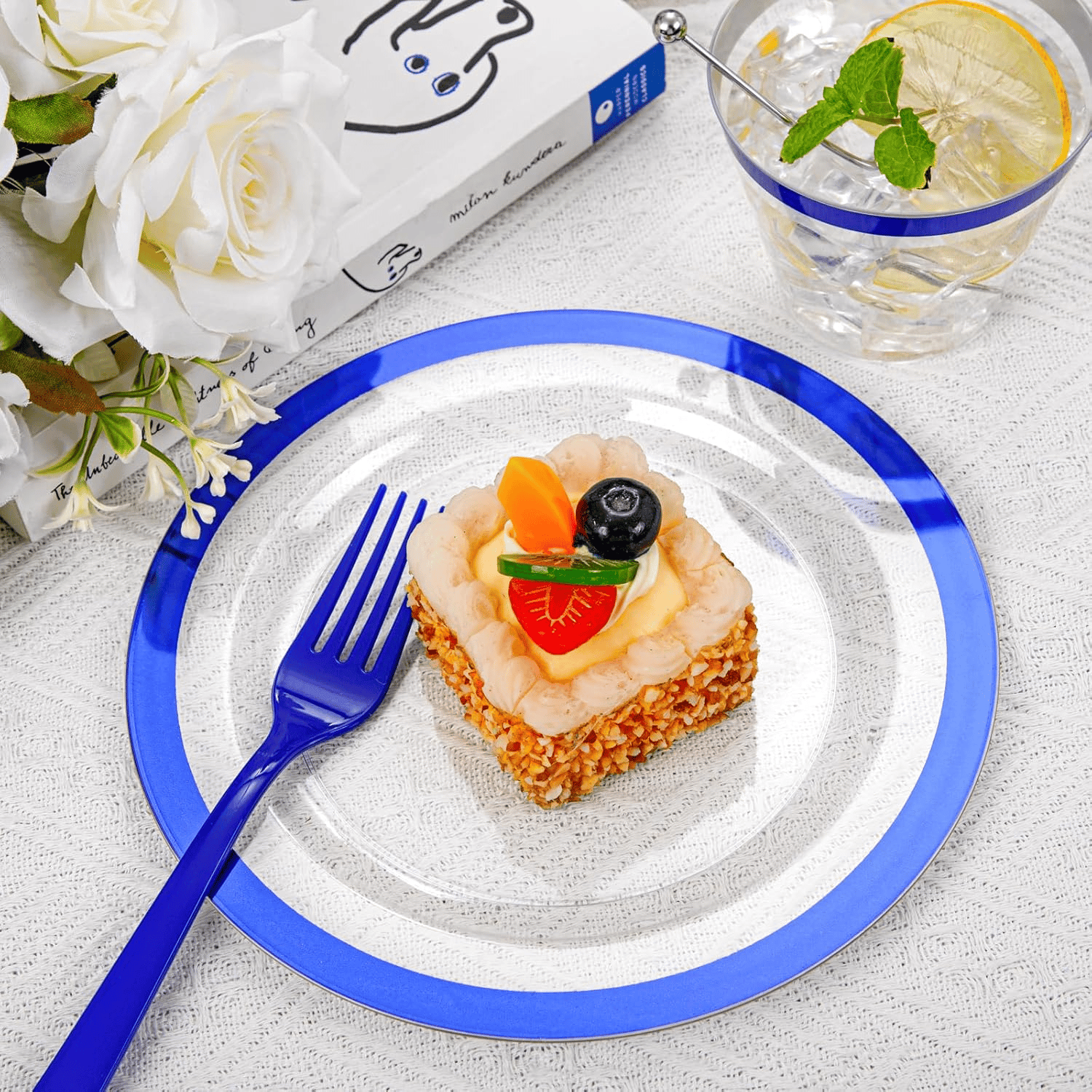 Clear Blue Dark Plastic Plates, Disposable Plates for , Dinnerware Include 50 Dinner Plates 50 Dessert Plates, 50 Cups, 50 Pre Rolled Napkins with Cutlery Set for Party — view 8