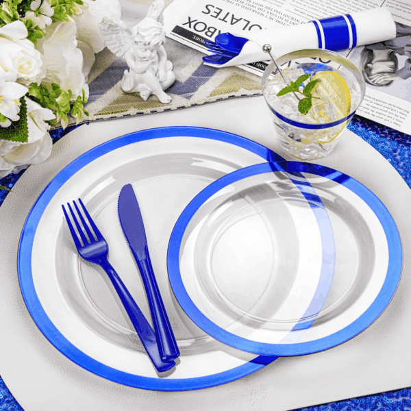 Clear Blue Dark Plastic Plates, Disposable Plates for , Dinnerware Include 50 Dinner Plates 50 Dessert Plates, 50 Cups, 50 Pre Rolled Napkins with Cutlery Set for Party — view 9